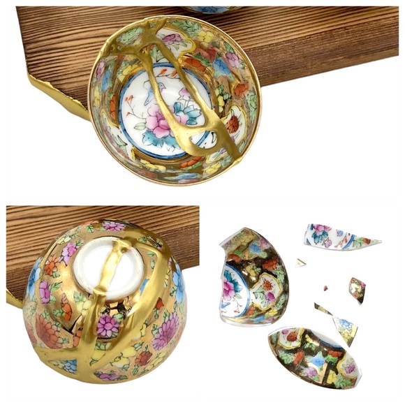 Kintsugi Cups Chinese Eggshell Mini Floral Gold Crack Art Personal Growth Gift - Picture 4 of 14